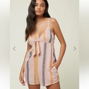 O'Neill Tatum Pink Orange Yarn Dye Stripe Romper Large